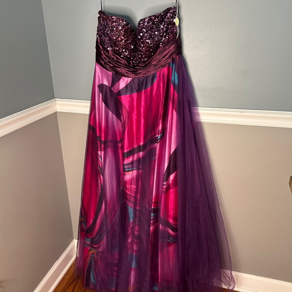 Dancing Queen Purple Pink Abstract Sequin Tulle Strapless Gown 3XL